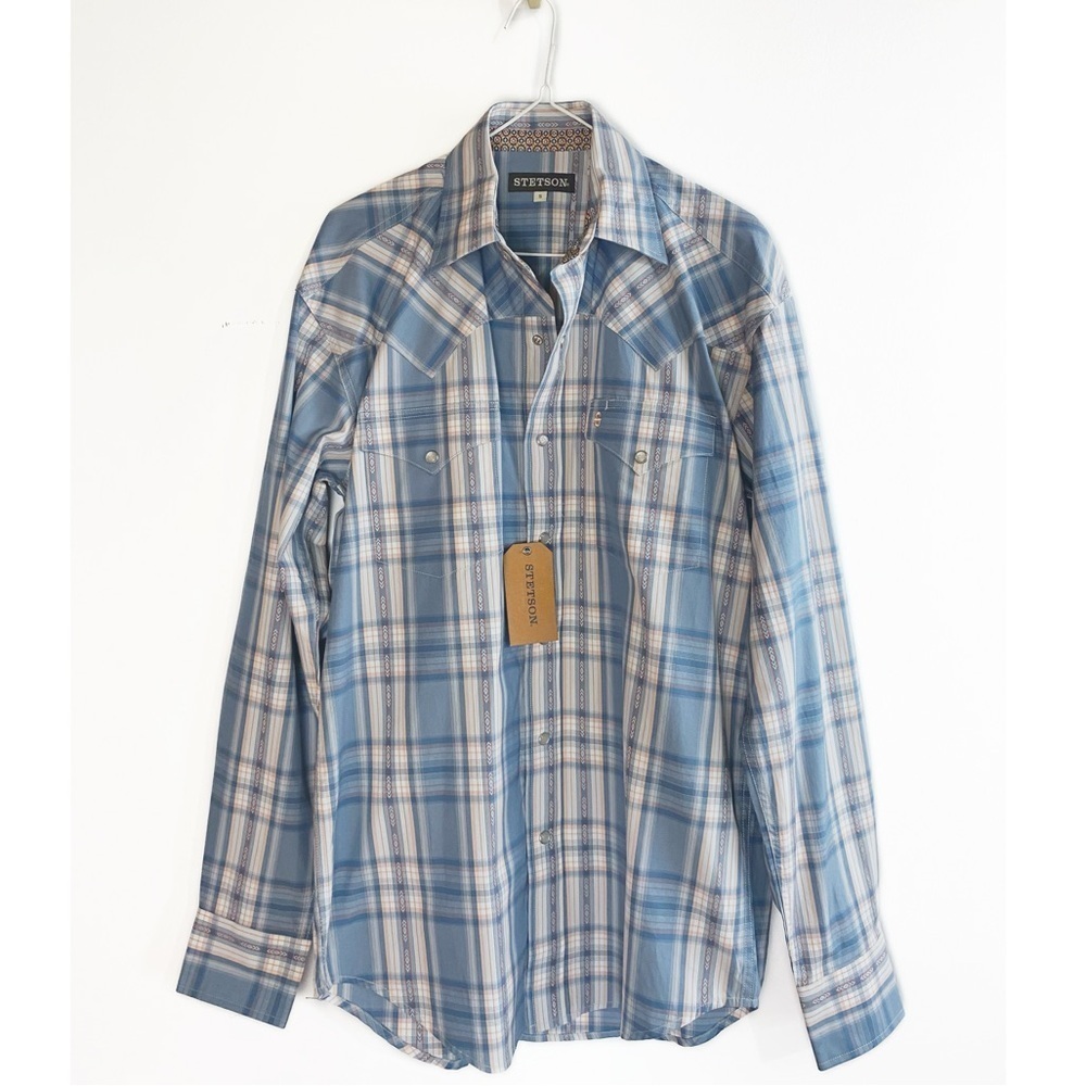 Stetson NWT Gray Dobby plaid Western Shirt Mens size S